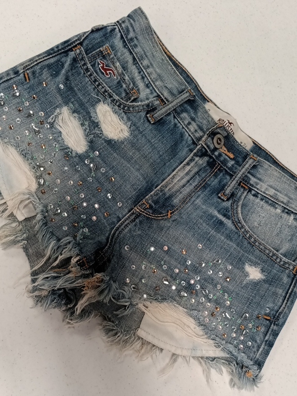 Hollister Light Blue Embellished Distressed Denim Shorts